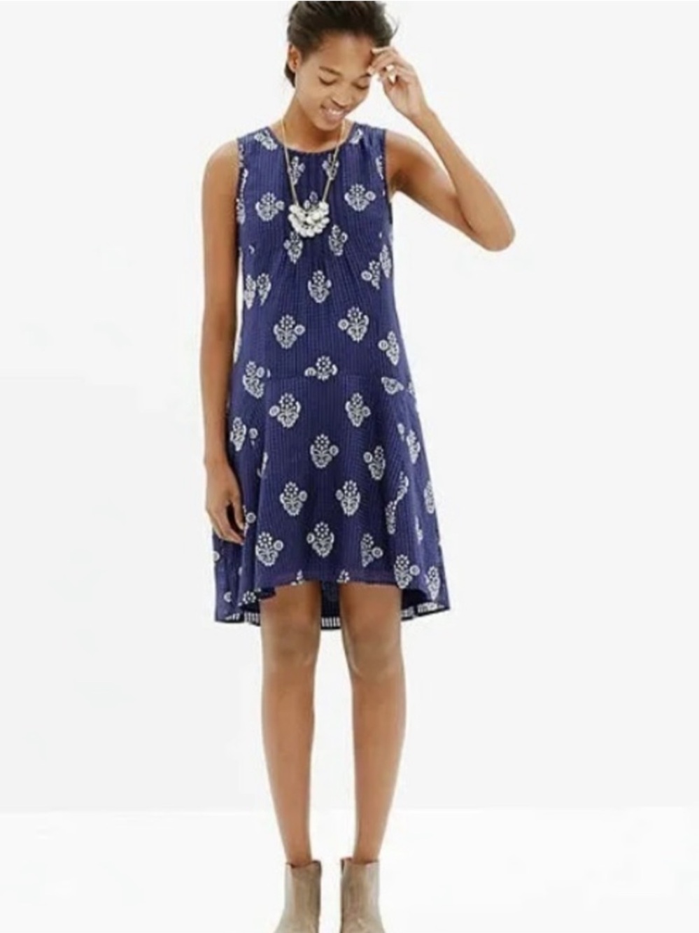 Madewell Navy Midi Dress with Ivory Floral Print SILK